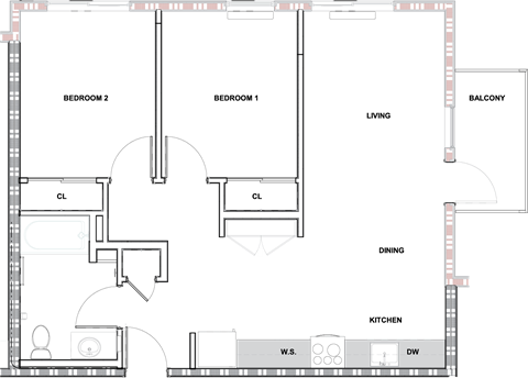 Floor plan for 2 beds, 1 bath, 858 sqft